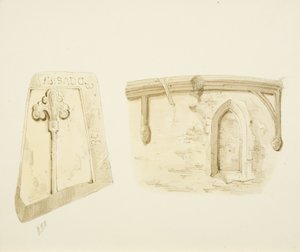 Fragment grobowca i pozostałości okna w kościele św. Jakuba w Bristolu (ołówek i akwarela na papierze)