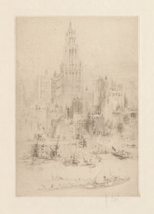 Centrum Manhattanu od strony East River, z budynkiem Woolworth Building autorstwa William Walcot
