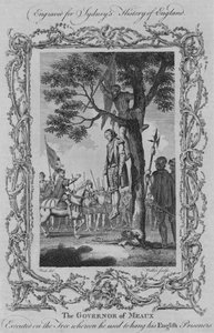 Gubernator Meaux stracony na drzewie, na którym wieszał swoich angielskich więźniów, 1773.