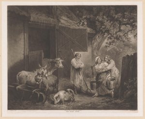 Dojarka i dwóch parobków w stajni The Barn Door (tytuł na obiekcie) autorstwa William Ward