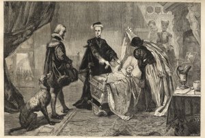 Królowa Maria opuszczająca zamek Stirling - Marie Stuart (Marie I Szkocji) przed kołyską swojego syna (Jacques Stuart, Jacques VI i I autorstwa William Ward