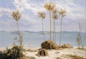 Widok na grupę wysp Edwarda Pellew w Zatoce Carpenteria (Australia), Terytoria Północne, grudzień 1802 r., podczas wyprawy Matthew Flindersa (1774-1814) na statku Investigator w latach 1801-1803, której celem było sporządzenie mapy południowych lądów, autorstwa William Westall