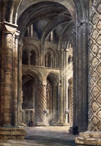 Durham, wnętrze katedry patrzące przez nawę na południowy transept (kolor lito)