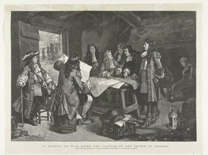 Wilhelm III odbywa naradę wojenną w chacie rybackiej, 1688 Narada wojenna po wylądowaniu księcia Orange (tytuł na obiekcie) autorstwa Williamson