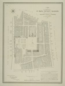 Mapa parafii św. Pawła, Covent Garden, pokazująca miejsce Bedford House i tereny, wydana przez W.P. Metchima, 1686 r. autorstwa Willian Leybourn