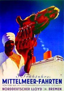 "5 wiosennych rejsów po Morzu Śródziemnym", plakat reklamujący Bremen North German Lloyd Line autorstwa Willy Hanke