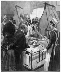 Książę i księżna Walii odwiedzający szpital Eveline dla chorych dzieci, 1890.