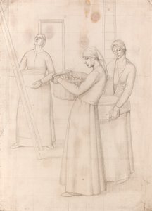 Studium do „Wzoru do dekoracji ścian” - Trzy kobiety niosące kosze z jabłkami, ok. 1918 (ołówek na papierze) autorstwa Winifred Knights