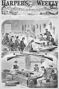 Mężczyźni i kobiety napełniają naboje w arsenale w Watertown, Massachusetts, z Harper