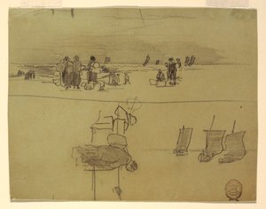 Rysunek, Scena na plaży z kobietami niosącymi kosze, Cullercoats, Anglia, 1881-82 autorstwa Winslow Homer