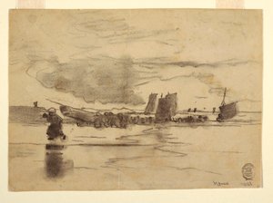 Rysunek, Plaża podczas odpływu, Cullercoats, Anglia, 1881 r. autorstwa Winslow Homer
