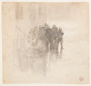 Rysunek, rybacy w skórach olejowych, Cullercoats, Anglia, 1881 r. autorstwa Winslow Homer