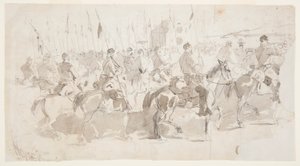 Rysunek przedstawiający Szósty Pułk Kawalerii generała McClellana wyruszający z Aleksandrii do Old Point Comfort, 2 kwietnia 1862 r. autorstwa Winslow Homer