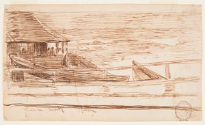 Rysunek, Dom przy balustradzie z kutrami, Cullercoats, Anglia, 1881 r. autorstwa Winslow Homer