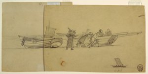Rysunek, mężczyźni i kobiety rozładowujący kuter rybacki, Cullercoats, Anglia, 1881-82 r. autorstwa Winslow Homer