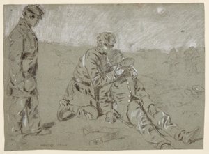 Rysunek przedstawiający żołnierza podającego wodę rannemu towarzyszowi, 1864 r. autorstwa Winslow Homer