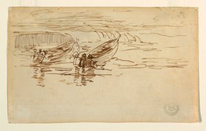 Rysunek przedstawiający wodowanie dwóch pontonów, Anglia, 1881 r. autorstwa Winslow Homer