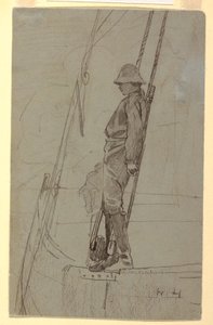 Rysunek przedstawiający młodego mężczyznę opierającego się o olinowanie żaglówki, prawdopodobnie 1861-62 r. autorstwa Winslow Homer