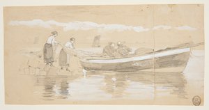 Rybak i kobiety chowające sieci w wyrzuconej na brzeg dory, Cullercoats, Anglia autorstwa Winslow Homer
