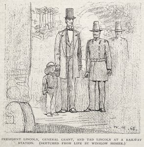 Prezydent Lincoln, generał Grant i Tad Lincoln na stacji kolejowej autorstwa Winslow Homer