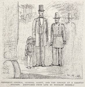Prezydent Lincoln, generał Grant i Tad Lincoln na stacji kolejowej, 1887. autorstwa Winslow Homer