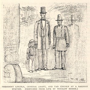 Prezydent Lincoln, generał Grant i Tad Lincoln na stacji kolejowej, z The Century Magazine, listopad 1887 r. autorstwa Winslow Homer
