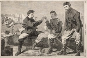 Święto Dziękczynienia w wojsku - po obiedzie: kość życzeń, 1864. autorstwa Winslow Homer