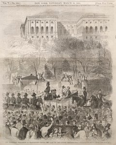 Procesja inauguracyjna w Waszyngtonie przechodząca przez bramę terenów stołecznych, 1861. autorstwa Winslow Homer