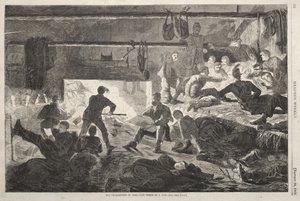 Zimowe kwatery w obozie – wnętrze chaty autorstwa Winslow Homer