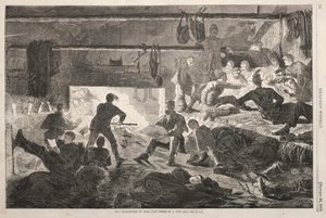 Kwatery zimowe w obozie - wnętrze chaty, 1863. autorstwa Winslow Homer