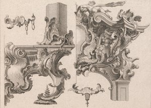 Propozycja dekoracji prawego dolnego i prawego górnego obramowania ołtarza..., druk. 1750-56. autorstwa Wolffgang Christoph Mayr