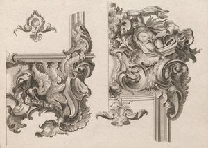 Propozycja dekoracji prawego dolnego i prawego górnego obramowania ołtarza..., druk. 1750-56. autorstwa Wolffgang Christoph Mayr