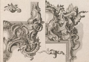 Propozycja dekoracji prawego dolnego i prawego górnego obramowania ołtarza..., druk. 1750-56. autorstwa Wolffgang Christoph Mayr