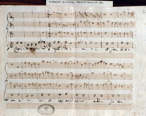 Strona z nutami Szukaj pierwszego królestwa Bożego Mozarta, aby uzyskać tytuł Accademico filarmonico (1770) autorstwa Wolfgang Amadeus Mozart