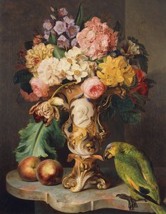 Martwa natura z wazonem z bukietem kwiatów, brzoskwiń i papugi na marmurowej półce, 1843