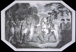 Generał Burgoyne i Indianie w 1777 r., grawerowane przez J. Taylora, z „Historii Anglii” Davida Hume