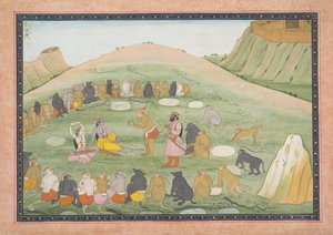 Hanuman ożywia Ramę i Lakszmanę ziołami leczniczymi: Ilustrowane folio..., ca. 1790. autorstwa Workshop active in the First generation