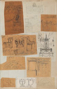 Strona z albumu z rysunkami i kilkoma rycinami architektury, Int..., ca. 1800-1850. Twórcy: Warsztat Charlesa Perciera, Warsztat Pierre