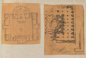 Strona z albumu z rysunkami i kilkoma rycinami architektury, Int..., ca. 1800-1850. Twórcy: Warsztat Charlesa Perciera, Warsztat Pierre