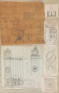Strona z albumu z rysunkami i kilkoma rycinami architektury, Int..., ca. 1800-1850. Twórcy: Warsztat Charlesa Perciera, Warsztat Pierre