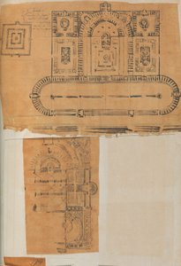 Strona z albumu z rysunkami i kilkoma rycinami architektury, Int..., ca. 1800-1850. Twórcy: Warsztat Charlesa Perciera, Warsztat Pierre