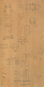 Strona z albumu z rysunkami i kilkoma rycinami architektury, Int..., ca. 1800-1850. Twórcy: Warsztat Charlesa Perciera, Warsztat Pierre