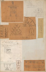 Strona z albumu z rysunkami i kilkoma rycinami architektury, Int..., ca. 1800-1850. Twórcy: Warsztat Charlesa Perciera, Warsztat Pierre