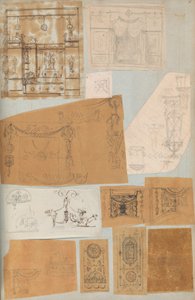 Strona z albumu z rysunkami i kilkoma rycinami architektury, Int..., ca. 1800-1850. Twórcy: Warsztat Charlesa Perciera, Warsztat Pierre