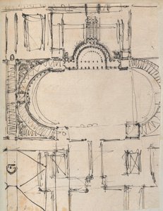 Strona z albumu z rysunkami i kilkoma rycinami architektury, Int..., ca. 1800-1850. Twórcy: Warsztat Charlesa Perciera, Warsztat Pierre