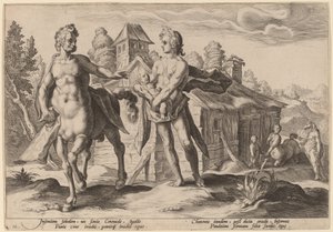 Apollo powierza Chironowi edukację Asklepiosa autorstwa Workshop of Hendrick Goltzius, after Hendrick Goltzius