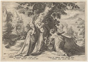 Córki Cecrops otwierają trumnę powierzoną im przez Minerwę autorstwa Workshop of Hendrick Goltzius, after Hendrick Goltzius