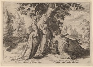 Córki Cecrops otwierają trumnę powierzoną im przez Minerwę autorstwa Workshop of Hendrick Goltzius, after Hendrick Goltzius