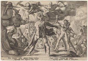 Giganci wspinają się po niebiosach autorstwa Workshop of Hendrick Goltzius, after Hendrick Goltzius