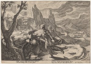 Thisbe przestraszony przez lwa autorstwa Workshop of Hendrick Goltzius, after Hendrick Goltzius